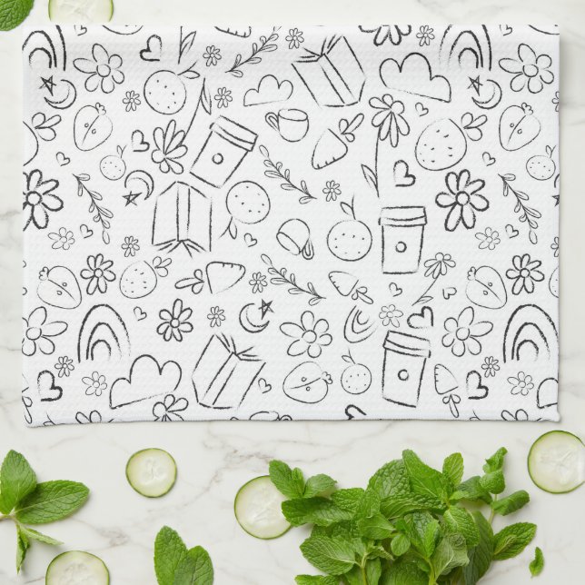 Black & White Doodle Cute Things Seamless Pattern Tea Towel (Folded)