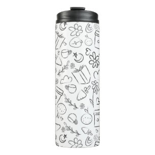Black & White Doodle Cute Things Seamless Pattern Thermal Tumbler