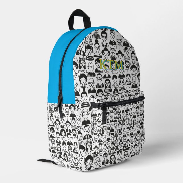Black White Doodle Faces Monogram Bright Blue Printed Backpack (Back Corner Left)