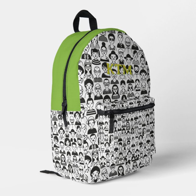Black White Doodle Faces Monogram Green Printed Backpack (Back Corner Left)