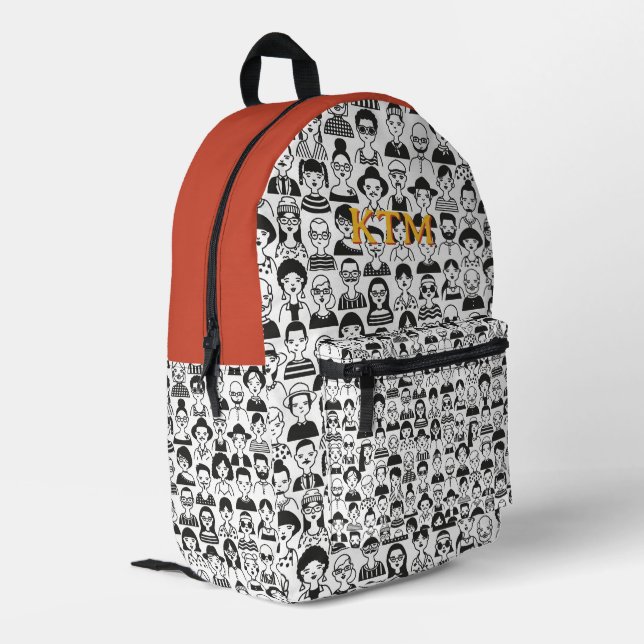 Black White Doodle Faces Monogram Terracotta Printed Backpack (Back Corner Left)