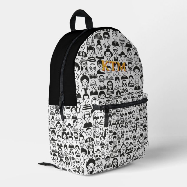 Black White Doodle Faces Monogram Yellow Text Printed Backpack (Back Corner Left)
