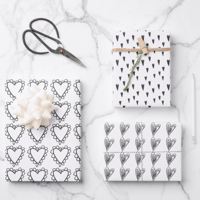 Black white doodle hearts cute whimsical pattern wrapping paper sheet (Front)
