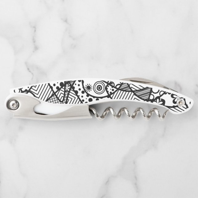 Black & White Doodle Pattern Artsy Abstract 4 Corkscrew (Front)