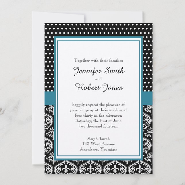 Black White Dots and Damask Wedding Invitation (Front)