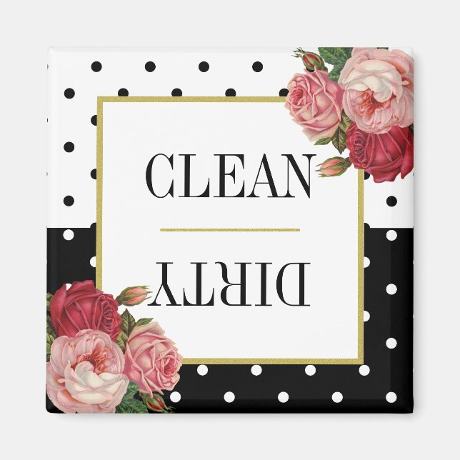 Black White Dots Floral Clean Dirty Dishwasher Magnet (Front)