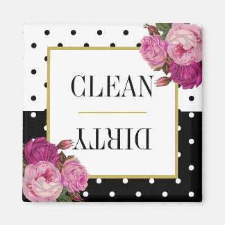 Black White Dots Floral Clean Dirty Dishwasher Magnet