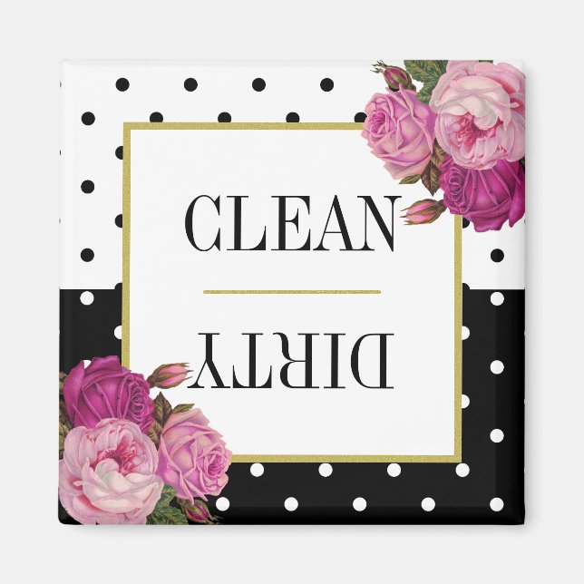 Black White Dots Floral Clean Dirty Dishwasher Magnet (Front)