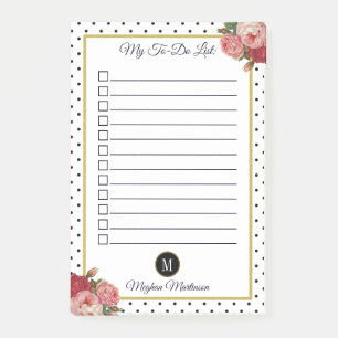 Black White Dots Floral Monogram Name To Do List Post-it Notes