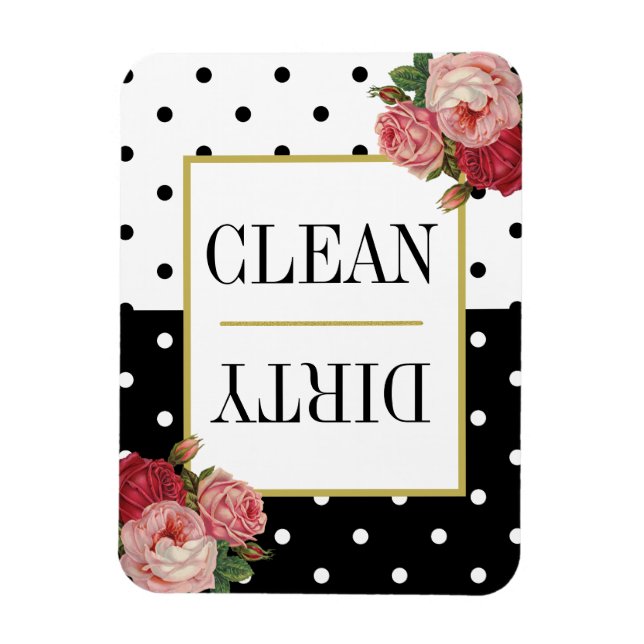 Black White Dots Fun Floral Clean Dirty Dishwasher Magnet (Vertical)