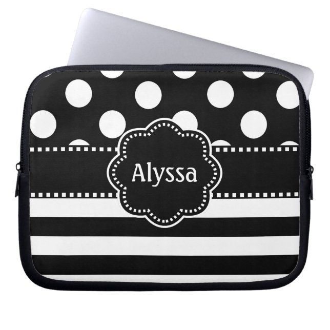 Black White Dots Stripe Personalised Laptop Sleeve (Front)