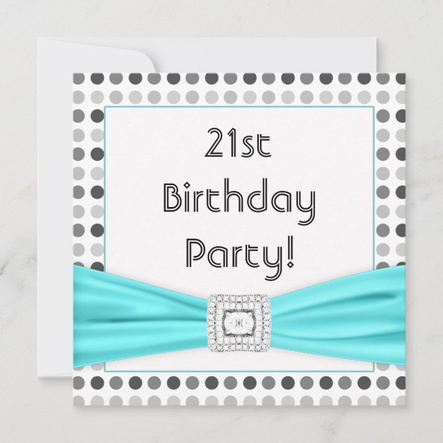 Black White Dots Teal Diamond 21st Birthday Party Invitation (Front)