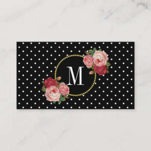 Black White Dots Vintage Roses Floral Monogram Business Card