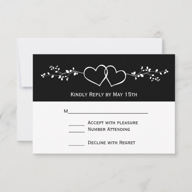 Black White Double Hearts Wedding RSVP Cards (Front)