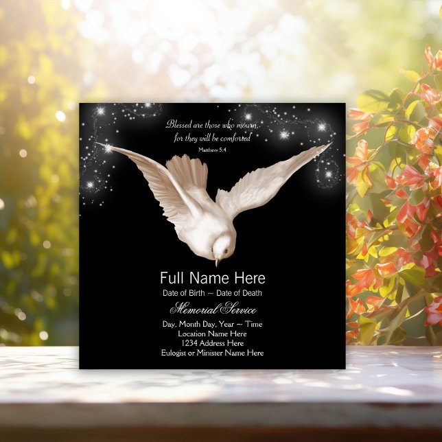 Black White Dove Memorial Service Announcements (Dove memorial, funeral announcement. You can change the background color. Simply add event details.)