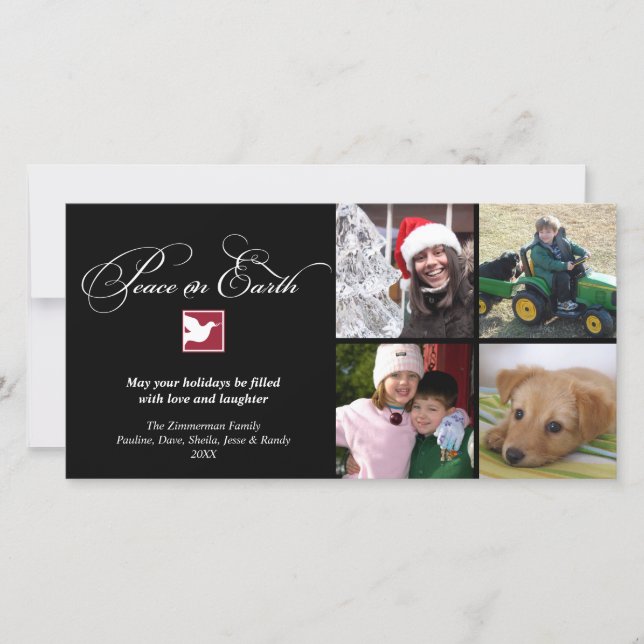 Black white dove peace on earth holiday greeting card (Front)