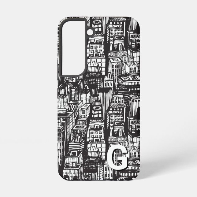 Black & White Downtown City, Skyscrapers, Monogram Samsung Galaxy S22 Case (Back)