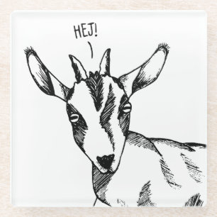 Black & White Drawing of Small Goat saying "Hej!" Glass Coaster