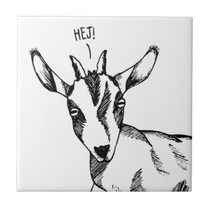 Black & White Drawing of Small Goat saying "Hej!" Tile
