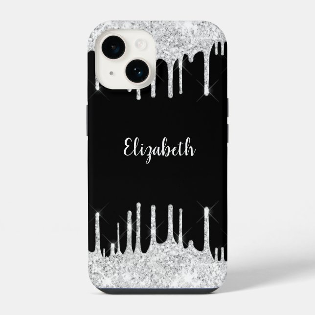 Black White Dripping Glitter Silver Monogram iPhone Case (Back)