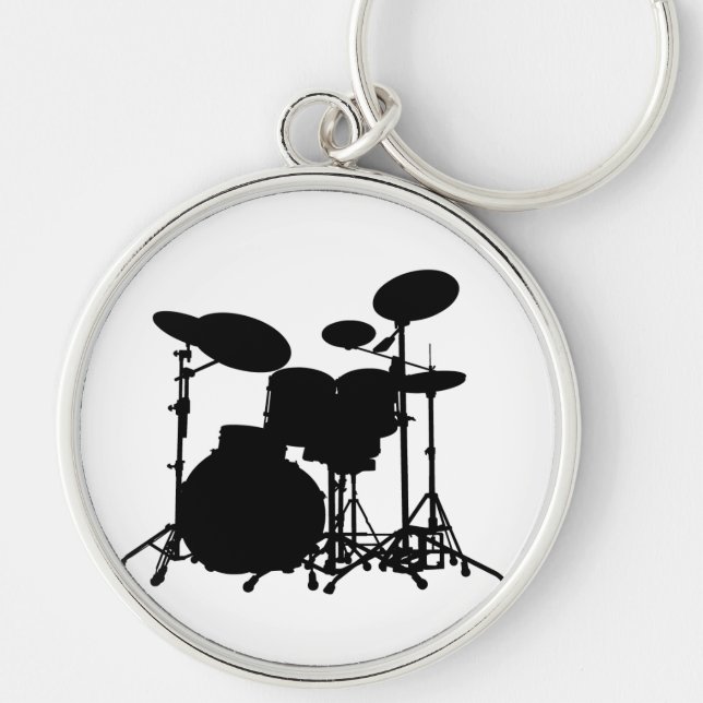 Black & White Drum Kit Silhouette - For Drummers Key Ring (Front)