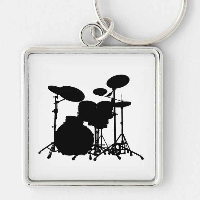 Black & White Drum Kit Silhouette - For Drummers Key Ring (Front)