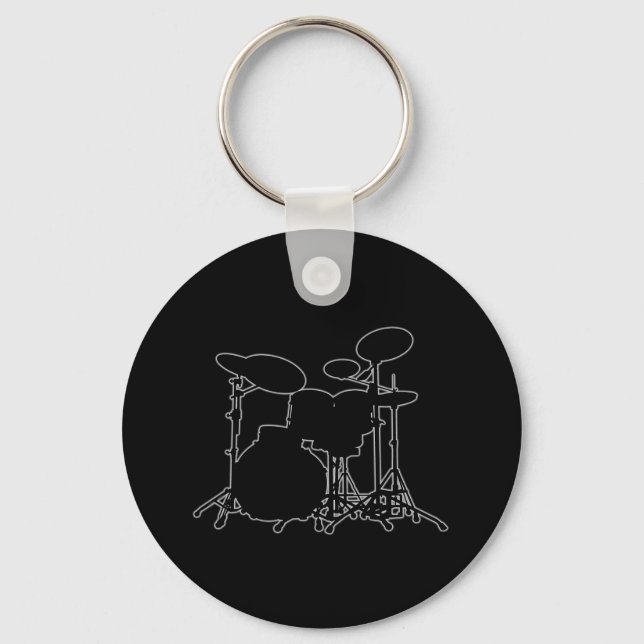 Black & White Drum Kit Silhouette - For Drummers Key Ring (Front)