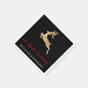 Black White Eat Drink Be Merry Red Gold Deer Napkin