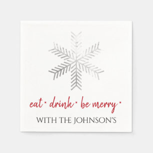 Black White Eat Drink Be Merry Red SilverSnowflake Napkin
