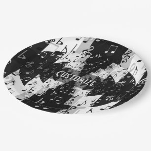 Black & White Echo Music Notes Paper Plate