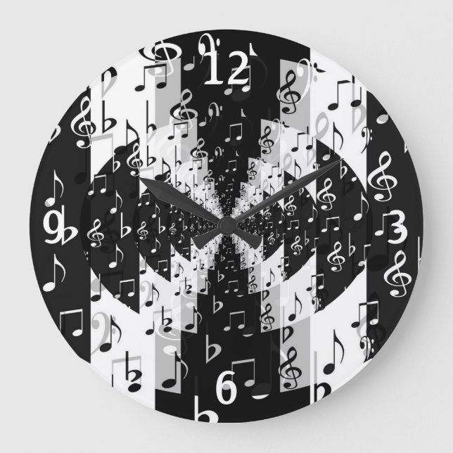 Black & White Echo Music Notes Round Wall Clock (Front)