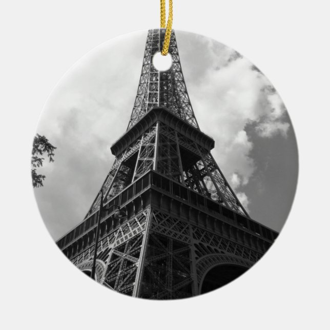 Black & White Eiffel Tower in Paris Ceramic Tree Decoration (Front)