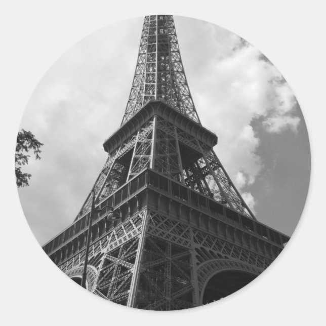Black & White Eiffel Tower in Paris Classic Round Sticker (Front)