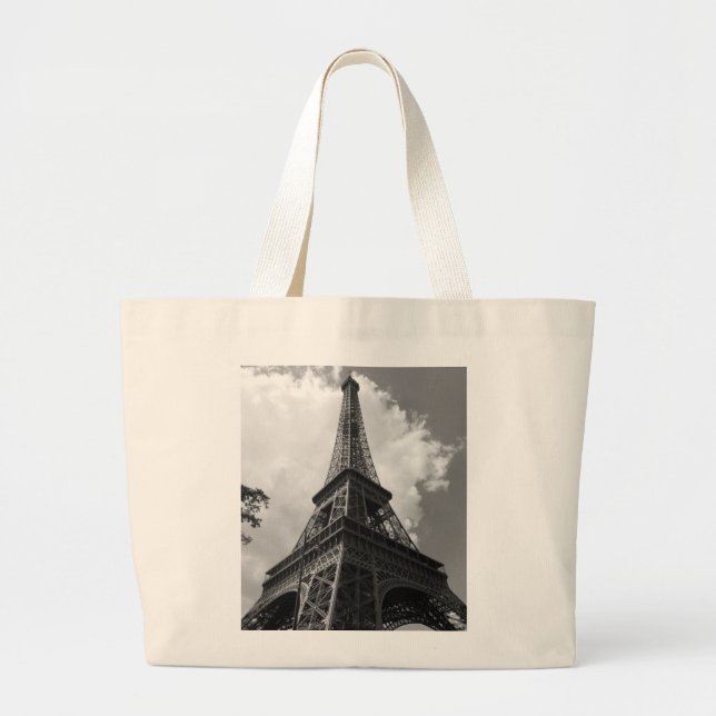 Black & White Eiffel Tower in Paris Large Tote Bag (Front)