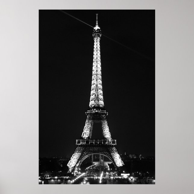 Black White Eiffel Tower in Paris Night Poster (Front)