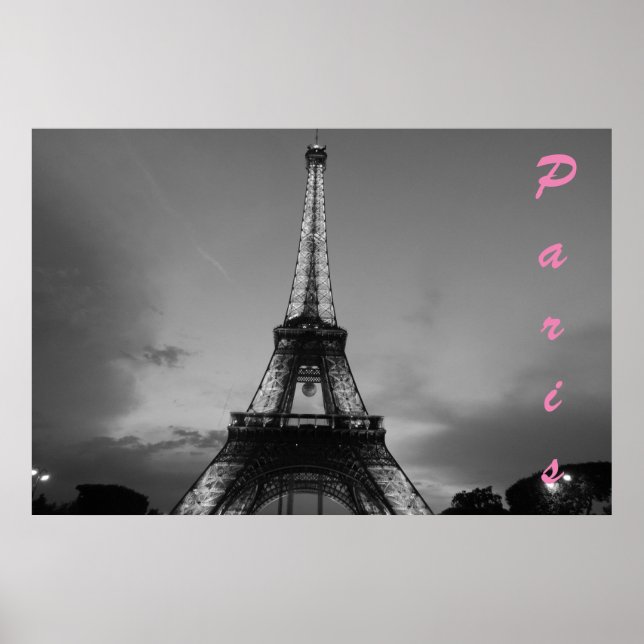 Black & White Eiffel Tower in Paris Night Poster (Front)