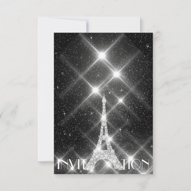 Black White Eiffel Tower Paris Dimond Crystals G Invitation (Front)