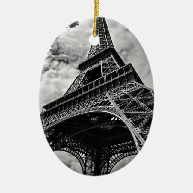 Black White Eiffel Tower Paris Europe Travel Ceramic Tree Decoration (Front)