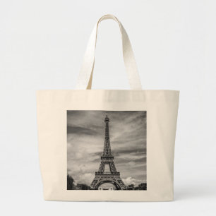 Black & White Eiffel Tower Paris France Large Tote Bag