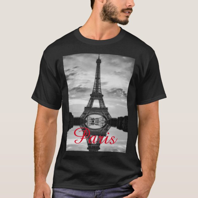 Black White Eiffel Tower Paris Love City Travel T-Shirt (Front)