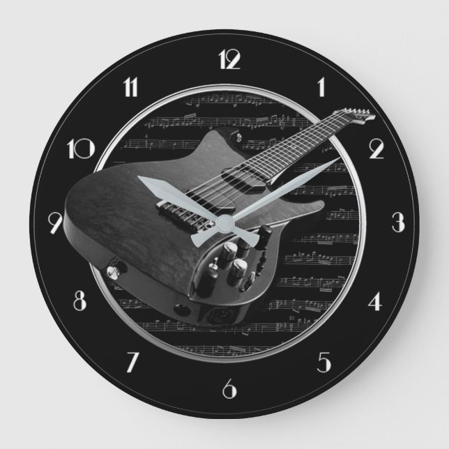 Black & White Electric Guitar Round Wall Clock (Front)