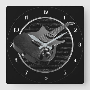 Black & White Electric Guitar Square Wall Clock