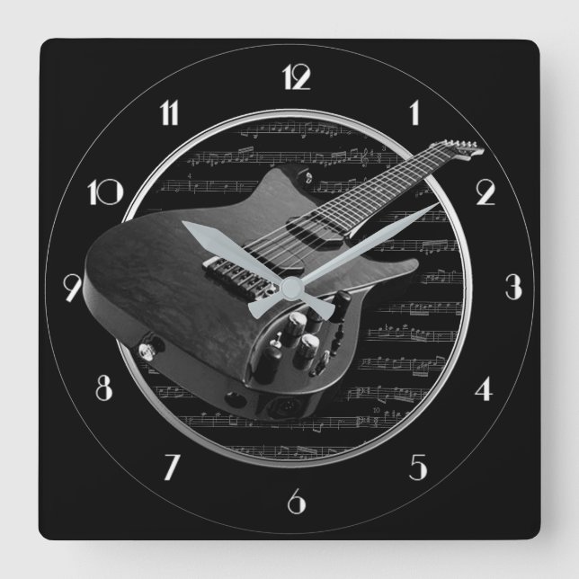 Black & White Electric Guitar Square Wall Clock (Front)