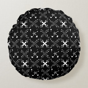 Black, White Elegant Abstract Starry Flowers Round Cushion