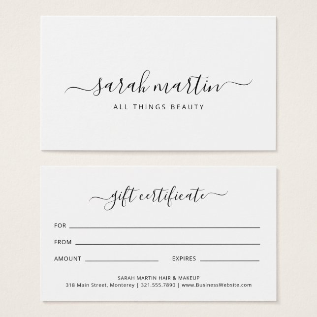 Black White Elegant Beauty Salon Gift Certificate (Front & Back)