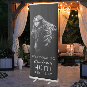 Black White Elegant Birthday Party Photo Welcome Retractable Banner