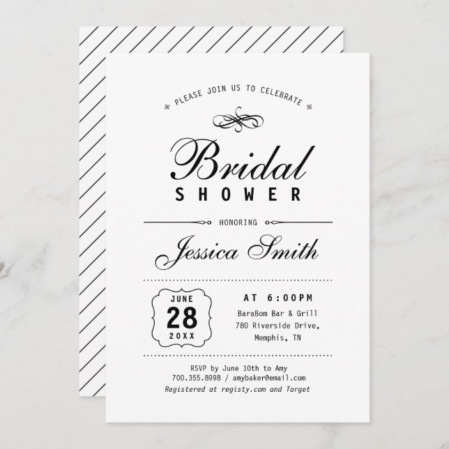 Black & White Elegant Bridal Shower Invitation (Front/Back)