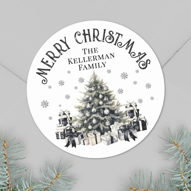 Black White Elegant Christmas Tree Classic Round Sticker (Black White Elegant Christmas Tree Classic Round Sticker)