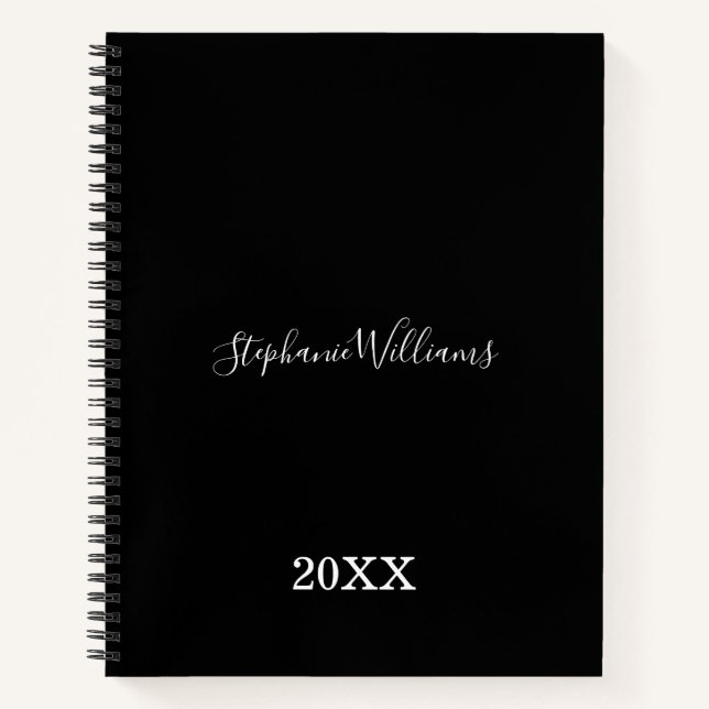 Black White Elegant Classy Custom Name Year Cute Notebook (Front)