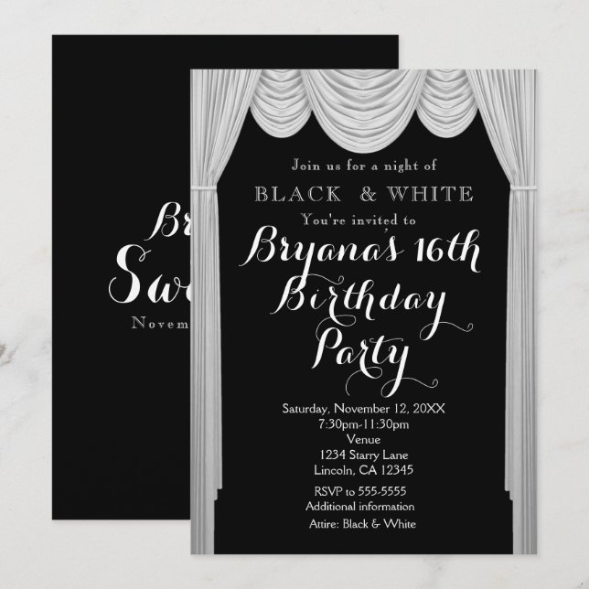 Black & White Elegant Curtains Party Invitations (Front/Back)